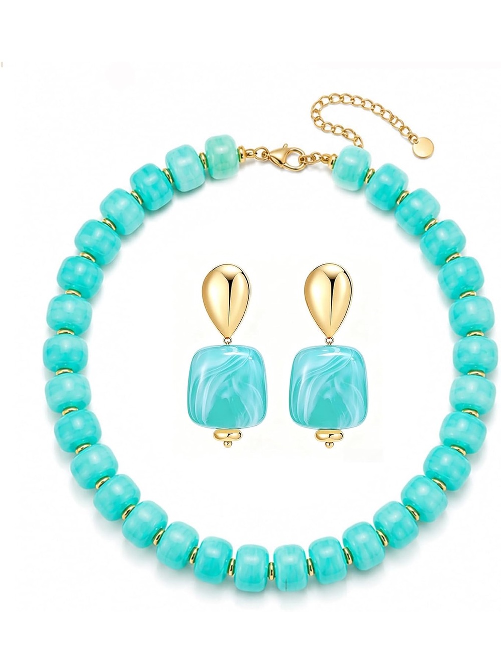Turquoise Bead Necklace and Earrings Set - Gold Accents